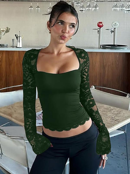 🎁New arrival 50% OFF💥Women's Solid Color T-Shirt – Floral Lace, Split Ruffles & Sheer Sleeves for a Romantic Look ✨