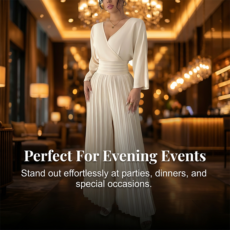 ✨ Elegant V-Neck Pleated Wide-Leg Jumpsuit – Chic, Comfortable & Perfect for Any Occasion 💃💖