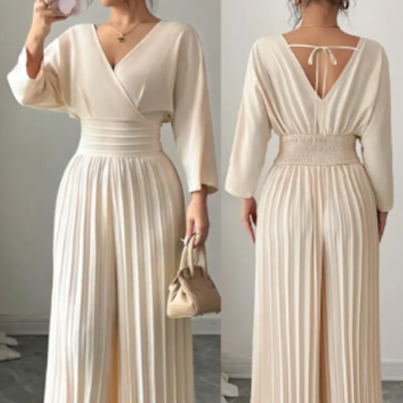 ✨ Elegant V-Neck Pleated Wide-Leg Jumpsuit – Chic, Comfortable & Perfect for Any Occasion 💃💖
