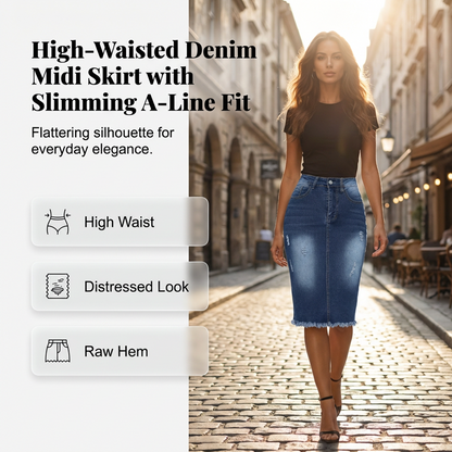 💎 -50% HIGH-WAIST FRAYED DENIM SKIRT! 💎 Vintage Distressed, A-Line Fit & Stretch Comfort – The Ultimate Wardrobe Staple