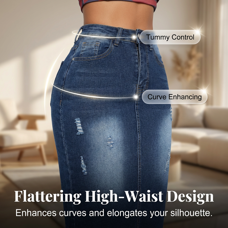 💎 -50% HIGH-WAIST FRAYED DENIM SKIRT! 💎 Vintage Distressed, A-Line Fit & Stretch Comfort – The Ultimate Wardrobe Staple