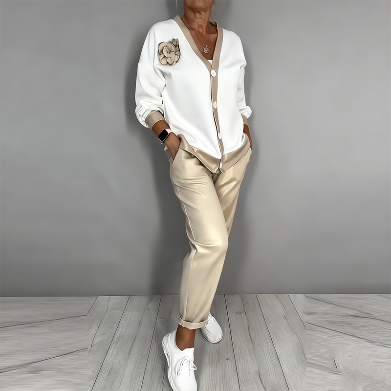 Women’s Casual V-Neck Top & High Waist Pants 2-Piece Set