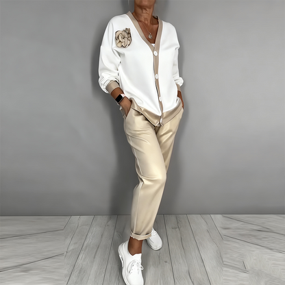 Women’s Casual V-Neck Top & High Waist Pants 2-Piece Set
