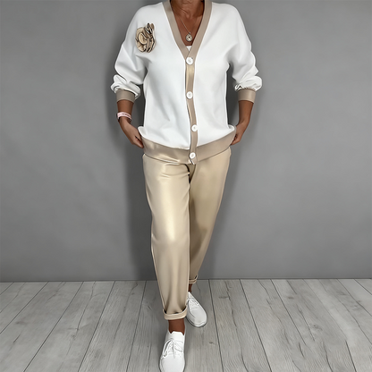 Women’s Casual V-Neck Top & High Waist Pants 2-Piece Set