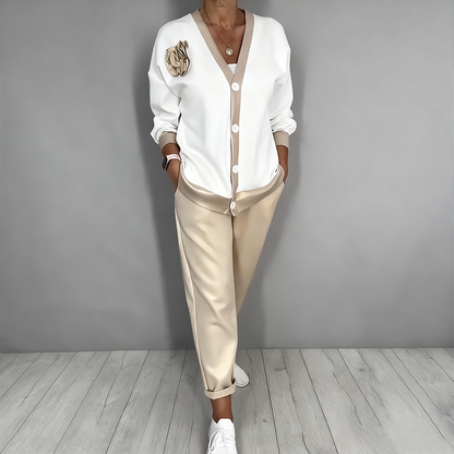 Women’s Casual V-Neck Top & High Waist Pants 2-Piece Set
