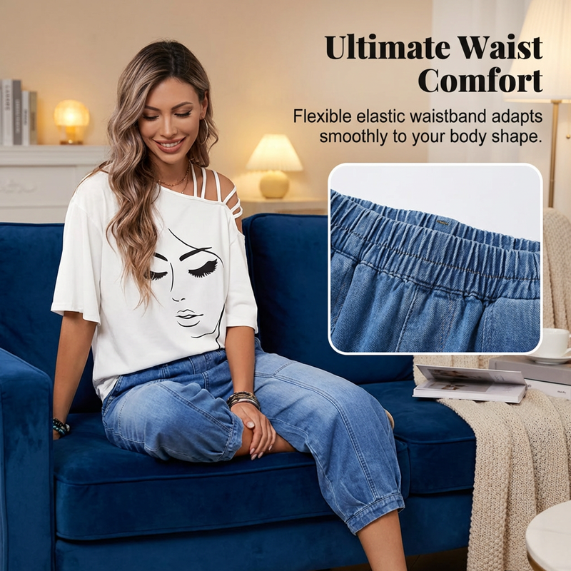 Women’s Elastic Waist Loose Fit Cropped Jeans