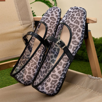Women's Leopard Print Mesh Mary Jane Flats