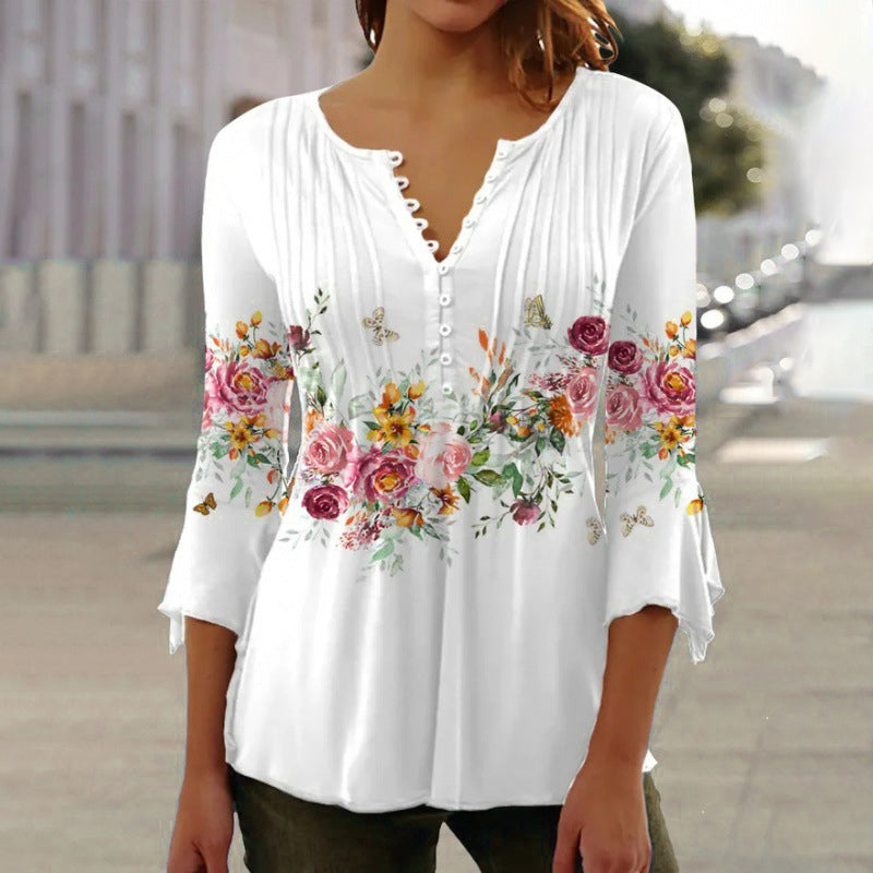 Women's Floral Button V-Neck Pleated 3/4 Sleeve T-Shirt