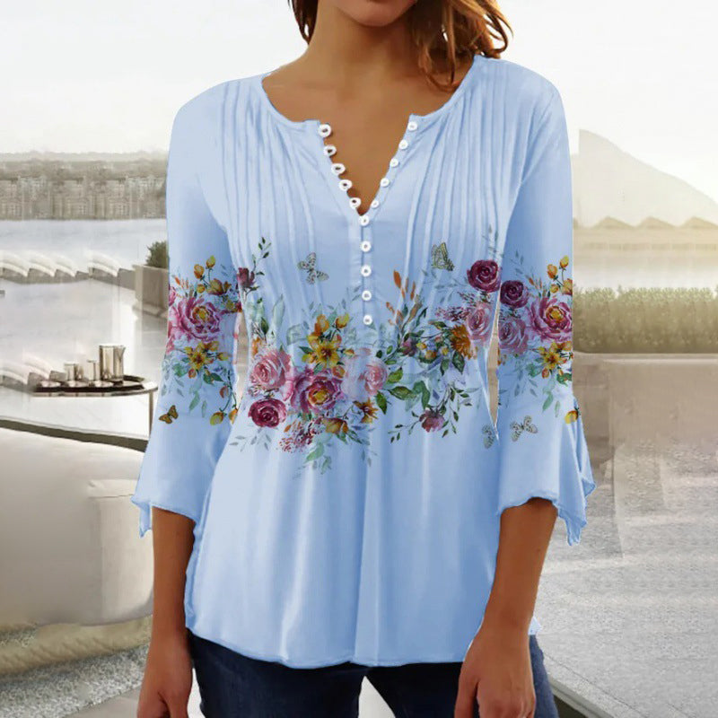 Women's Floral Button V-Neck Pleated 3/4 Sleeve T-Shirt