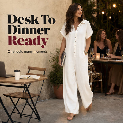 🌿Løs, kortærmet jumpsuit med knapper for damer – komfortabel, flatterende og uanstrengt stilig✨
